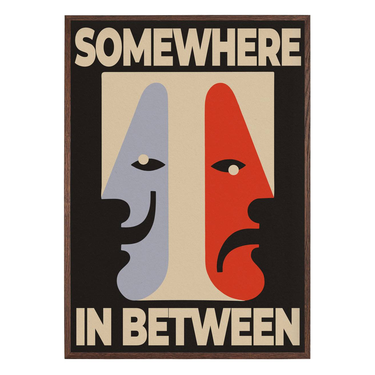 two abstract faces in red and blue with geometric shapes Bauhaus style art print