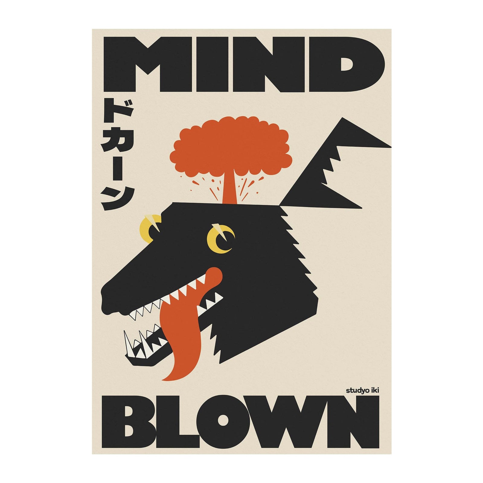 black animal head with orange explosion cloud bold japanese graphic poster by Studyo Iki