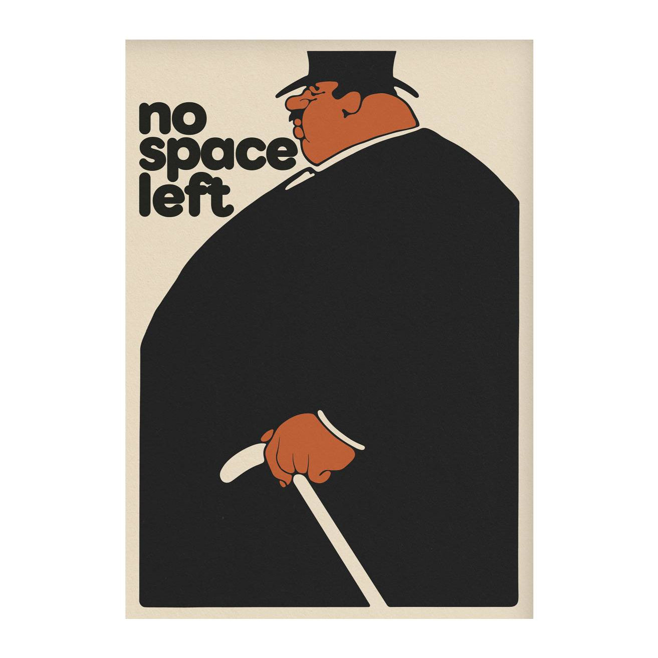 large black coated figure with orange face holding cane on cream background graphic poster