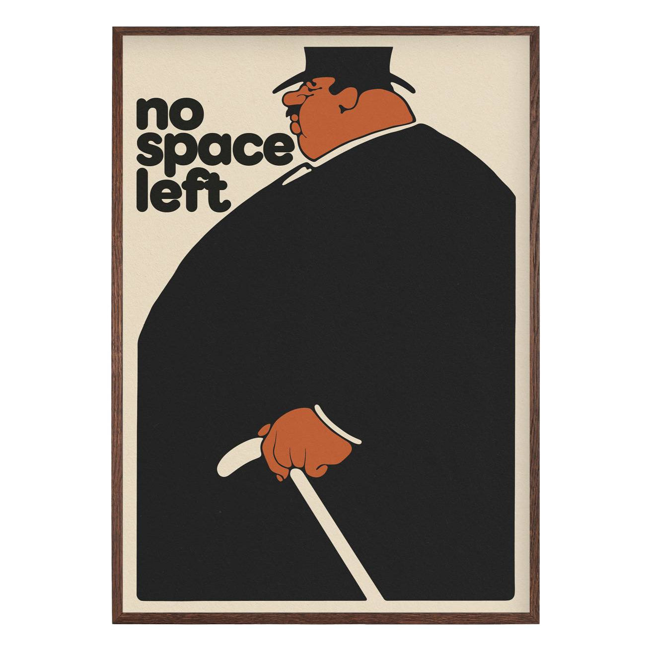large black coated figure with orange face holding cane on cream background graphic poster
