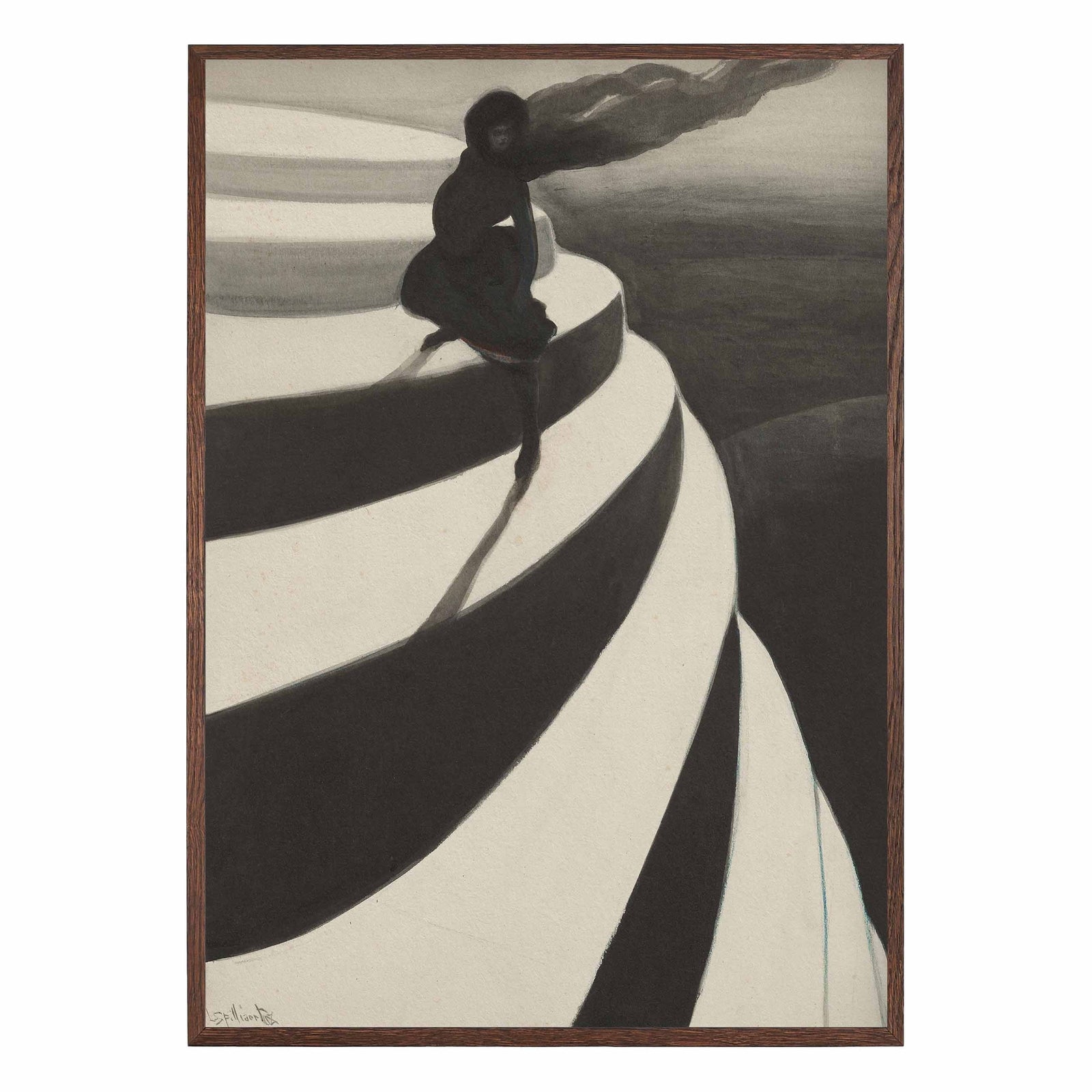 dark figure sitting on curved white forms in grey surreal landscape art print