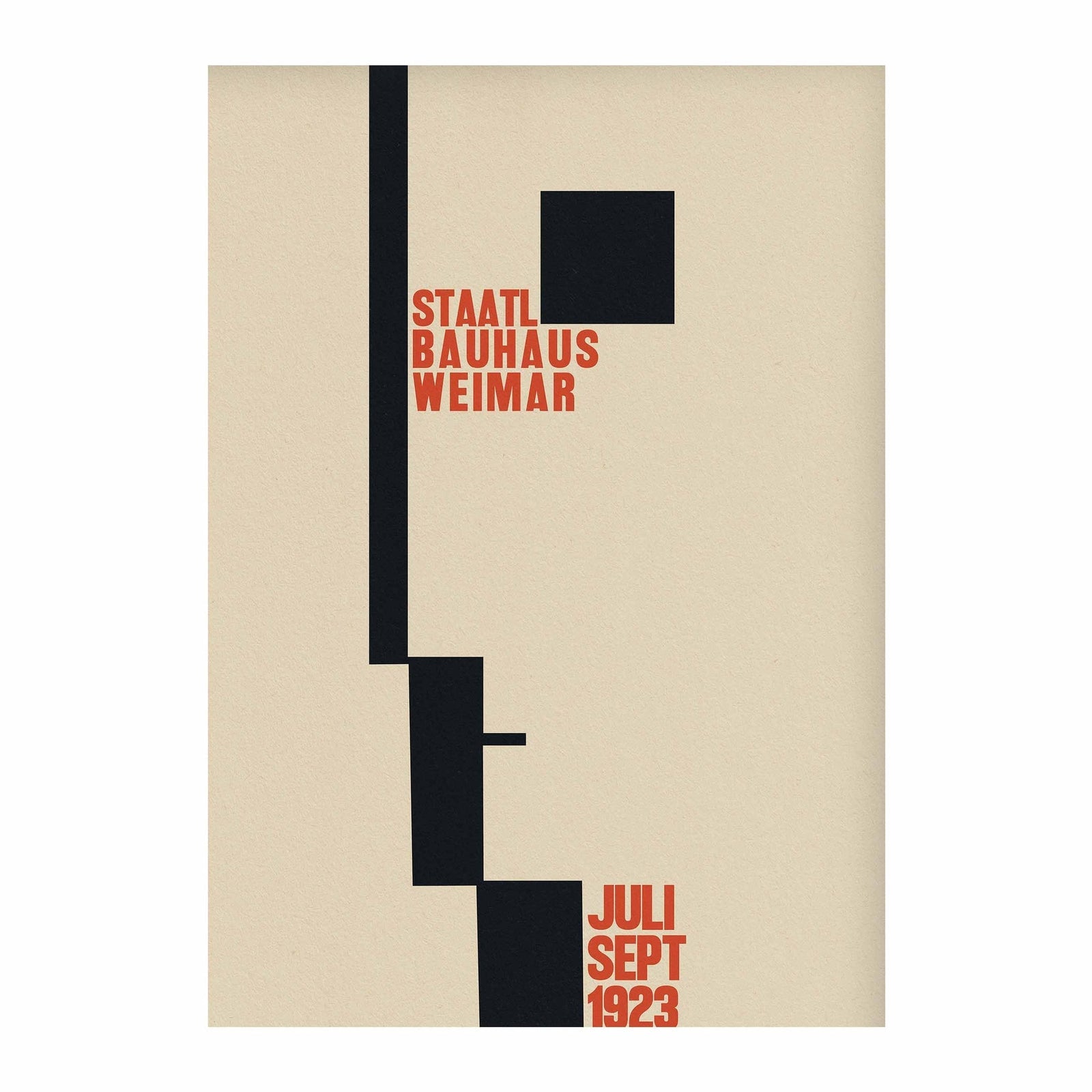 minimal Bauhaus geometric shapes with red typography on beige background art print