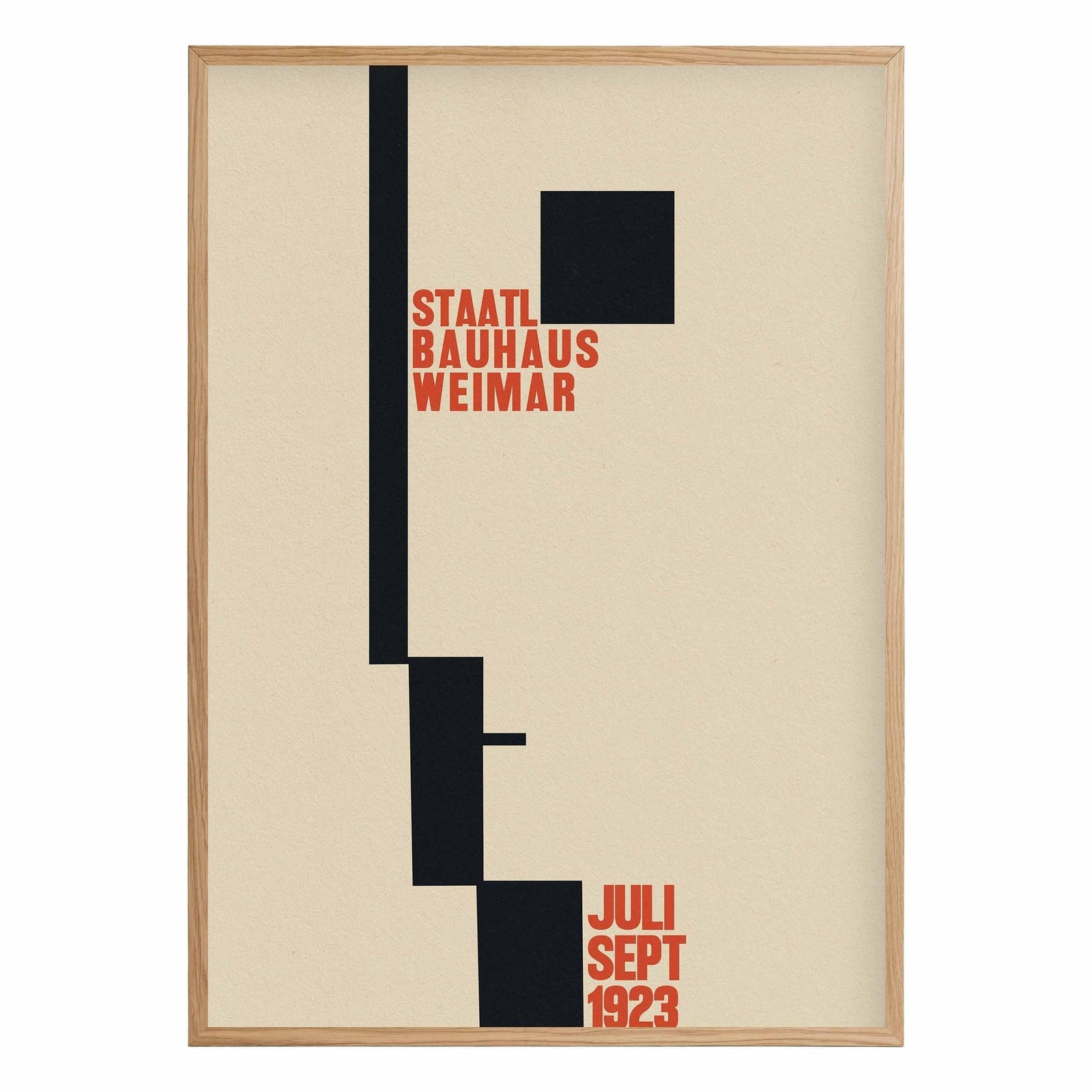 minimal Bauhaus geometric shapes with red typography on beige background art print