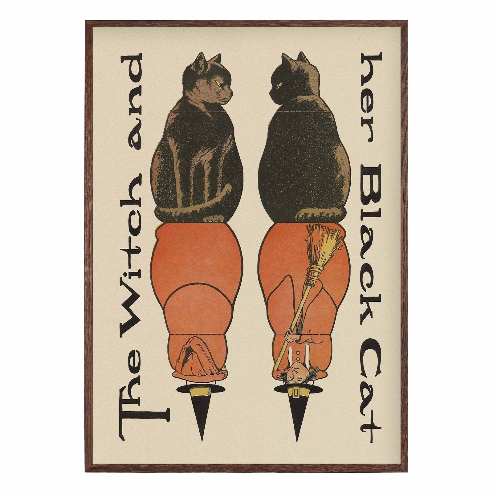 black cats with inverted witch figures in orange vintage illustration poster